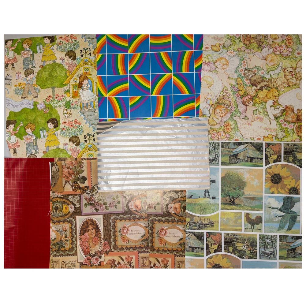 Vntg Wrapping Paper Gift Wrap Lot 4.9 oz Scrapbook Junk Journal Kids Fairy Farm